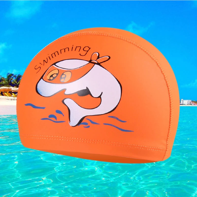 An orange cartoon swimming cap featuring a smiling orange fish design against a bright blue water background.