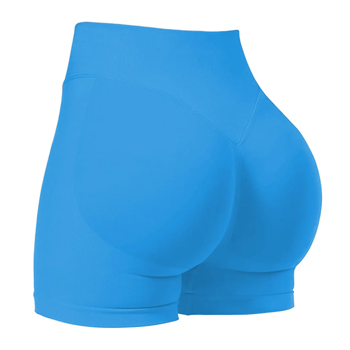 Short de yoga sans couture bleu vif taille haute, vue de l'arrière.