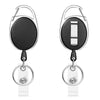 A black retractable ID badge reel with a silver keychain attached.