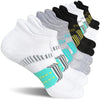 A stack of women's performance ankle socks in white, gray, and black with neon accents.