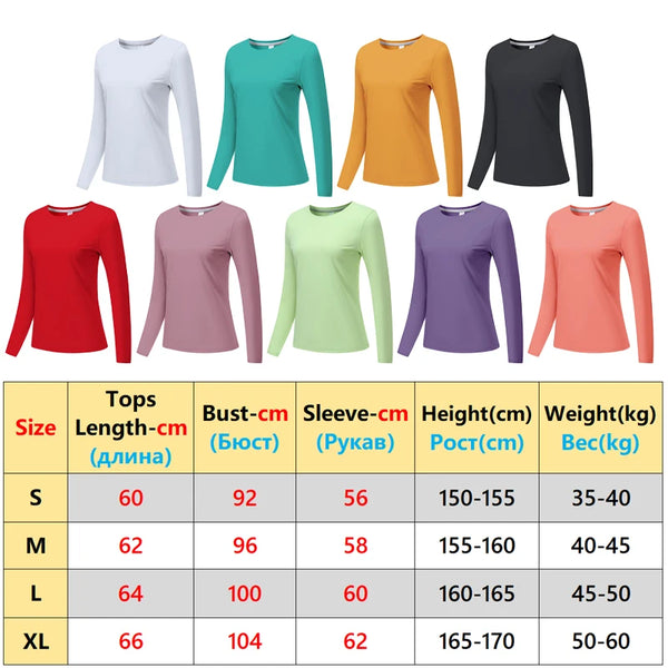 A grid showing various colors and sizes of lightweight breathable long sleeve yoga and running tops with corresponding measur