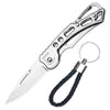 A folding stainless steel survival knife with a black leather lanyard and sheath.