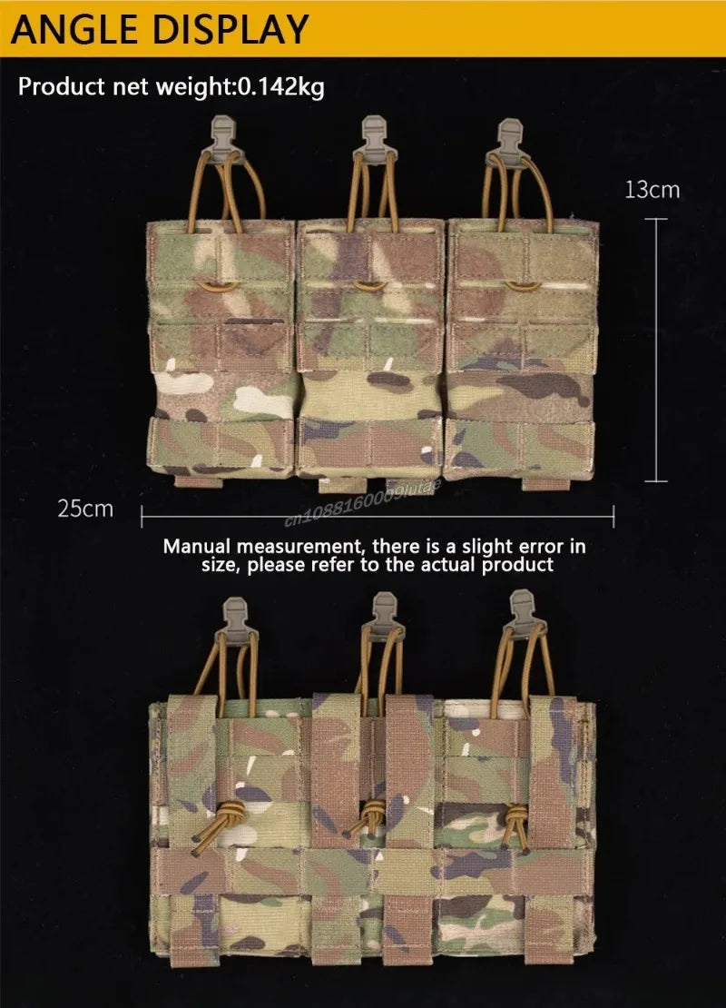Three olive drab camouflage magazine pouches displayed against a black background.
