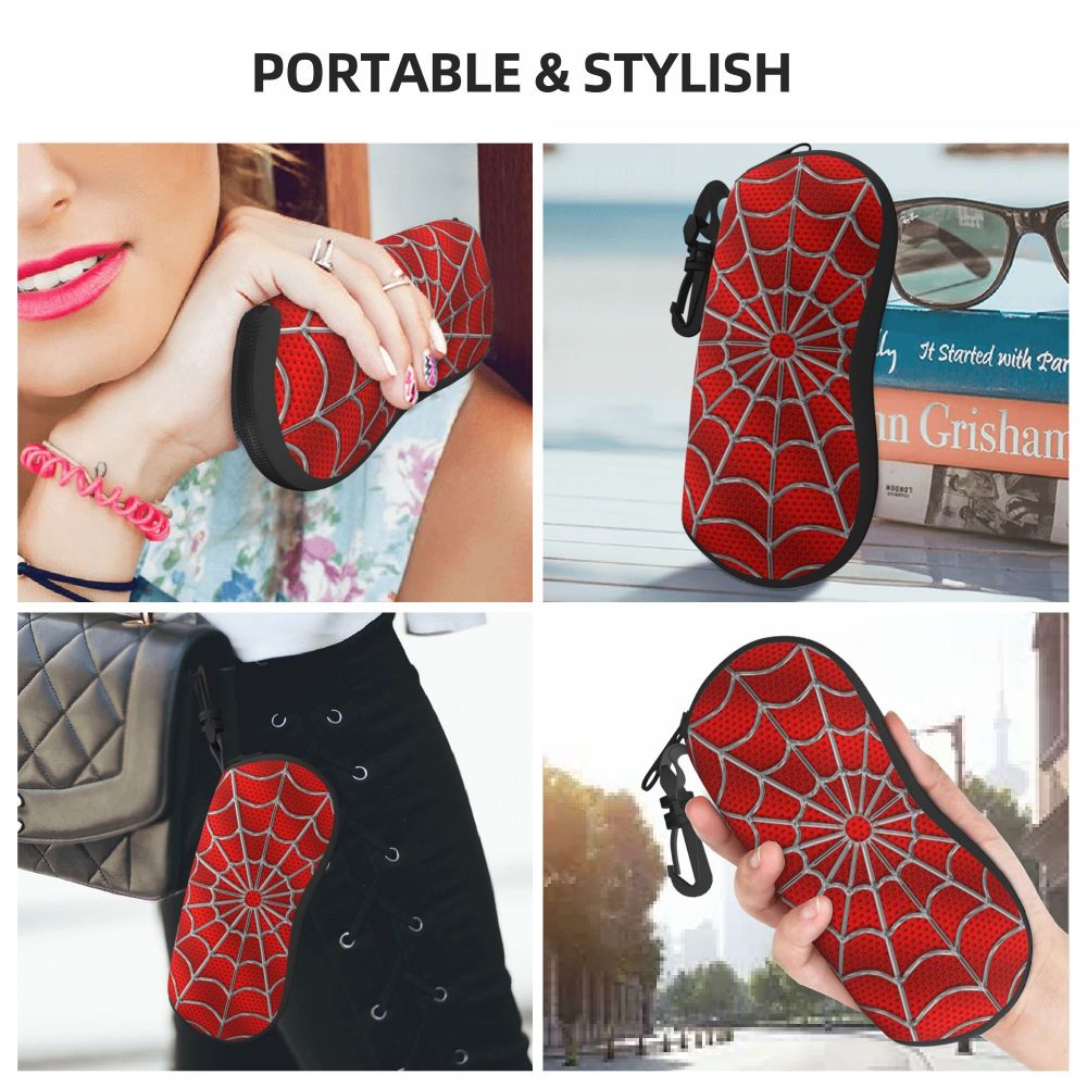 A red spider web patterned silicone pouch designed to hold eyeglasses, shown in various contexts.