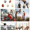 A collection of football gear including a soccer ball, American football, basketball, and various training accessories.