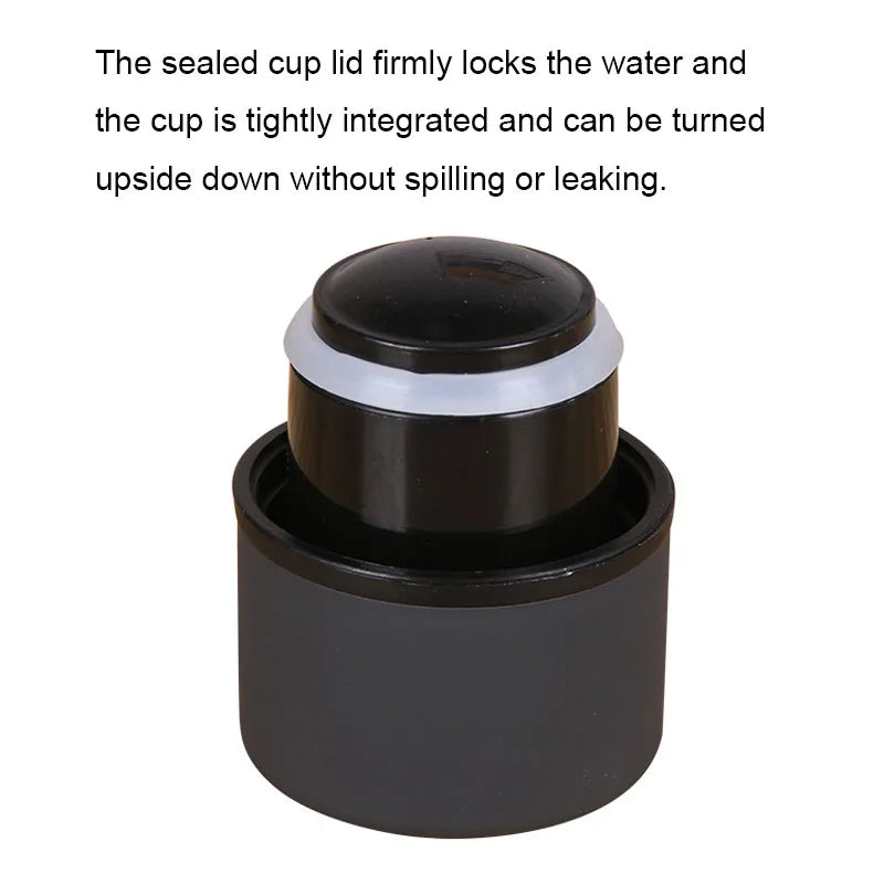 A black double-layer vacuum thermos cup with a sealed lid.