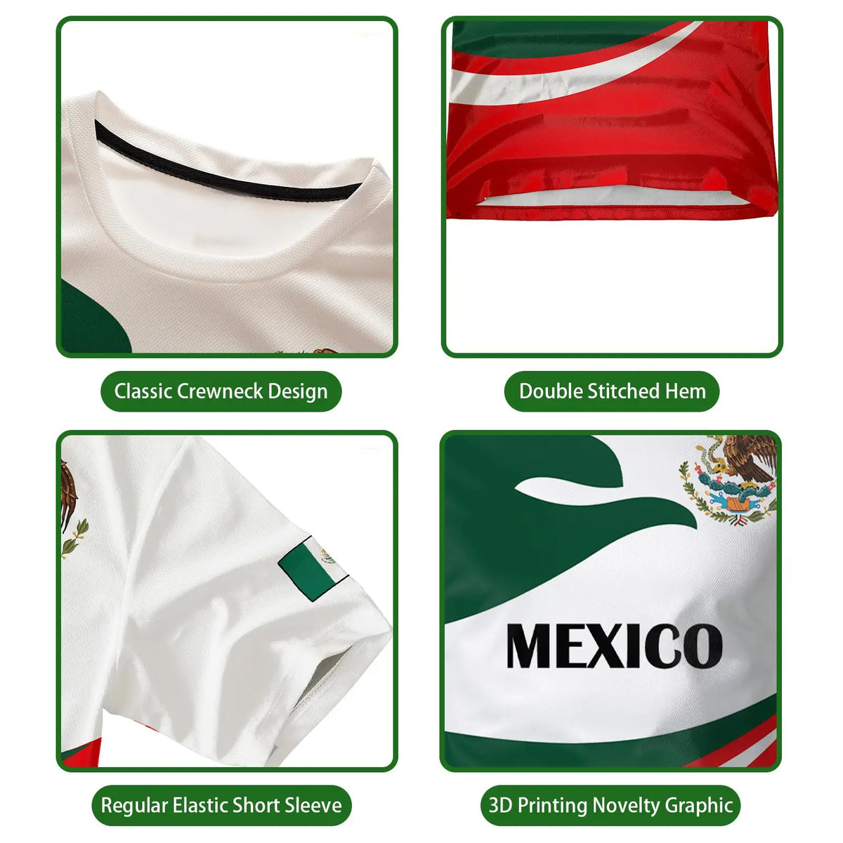 A collection of graphics and details for a retro eagle graphic men's t-shirt including a classic crewneck design, double stit