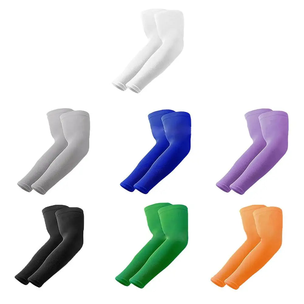 Colección de mangas de nylon para protección UV en varios colores, incluyendo blanco, morado, azul, verde y naranja.
