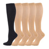 A row of five beige medical grade compression socks for veins and sports