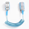 A light blue adjustable child safety harness and leash with a coiled blue cord.