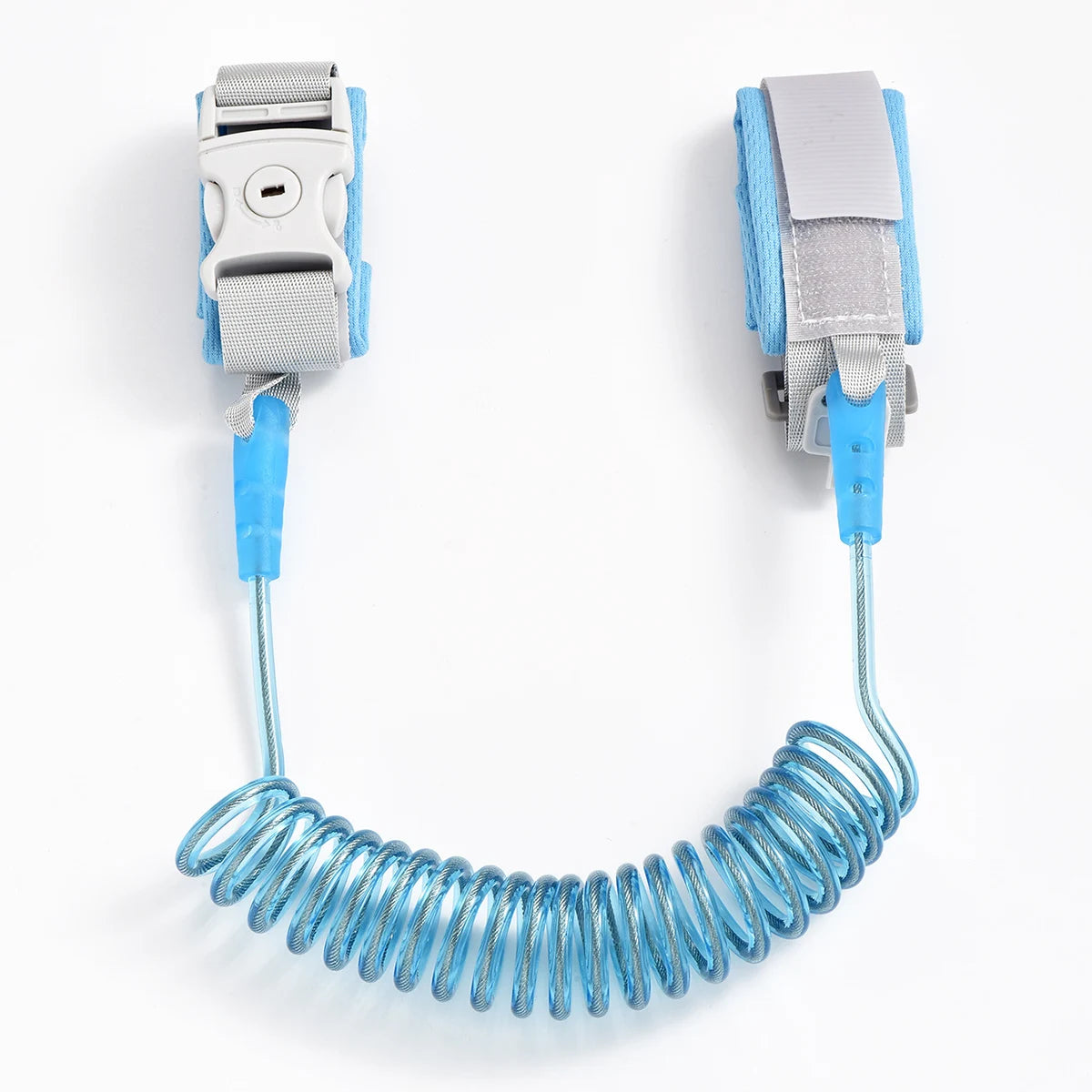 A light blue adjustable child safety harness and leash with a coiled blue cord.