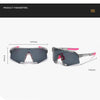 Sportliche Sonnenbrille mit spiegelnden Linsen und pinken Akzenten, von der Seite und oben dargestellt.