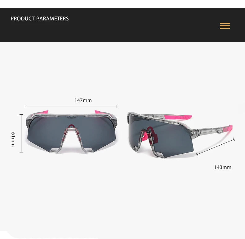 Sportliche Sonnenbrille mit spiegelnden Linsen und pinken Akzenten, von der Seite und oben dargestellt.