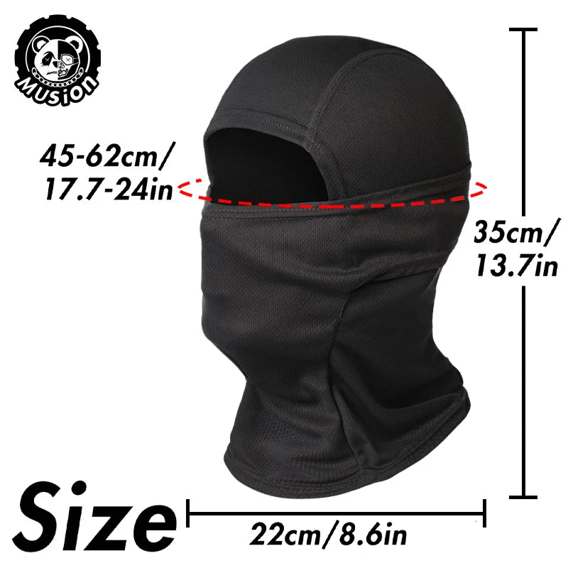 Black breathable mesh balaclava face mask shown with size dimensions.