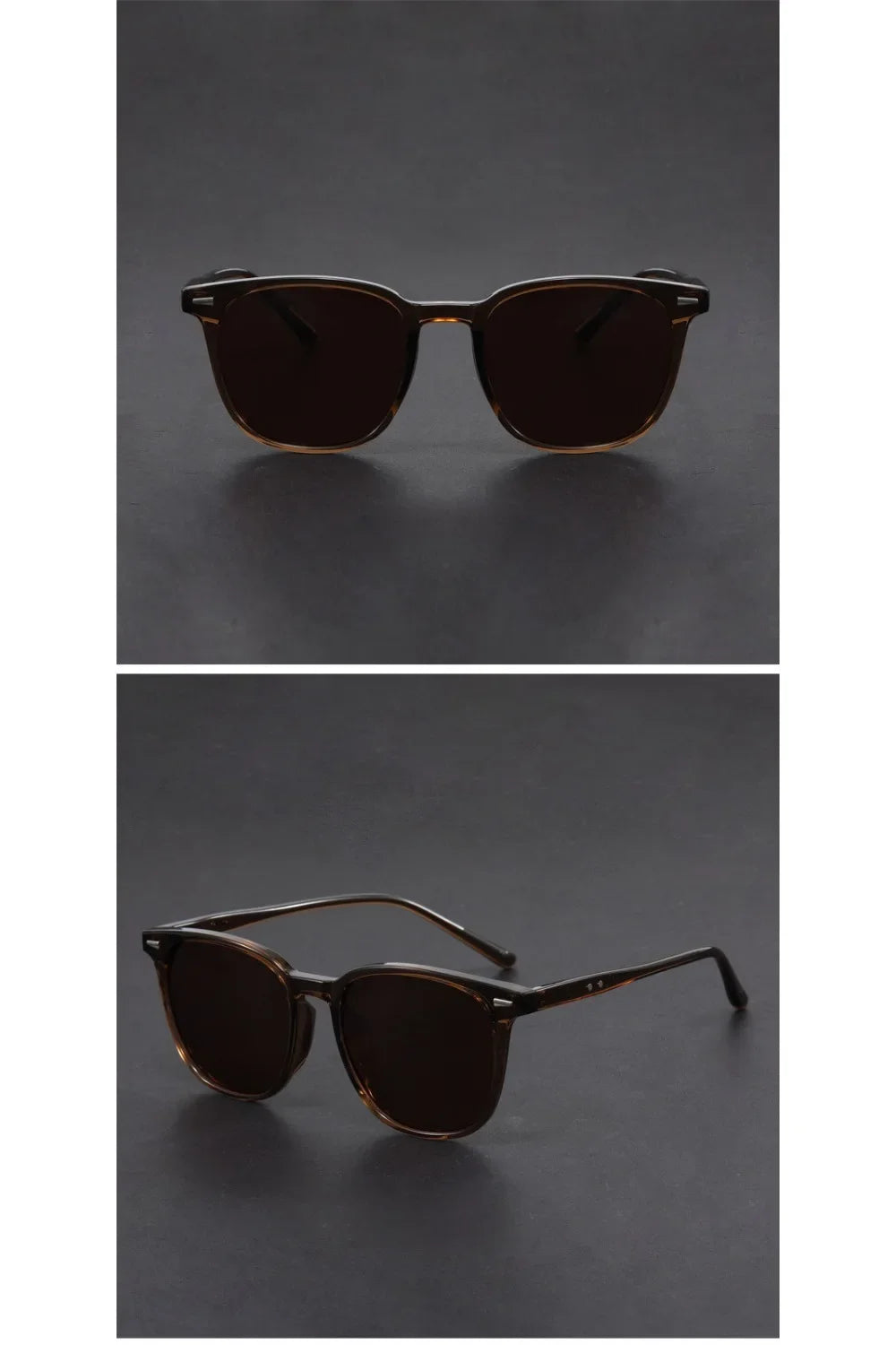 Brown tinted square sunglasses resting on a dark surface.
