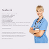 A smiling woman wearing blue medical scrubs and a stethoscope demonstrates therapeutic compression wrist gloves.