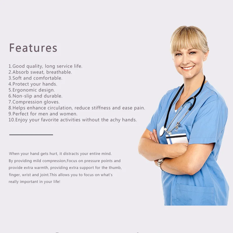 A smiling woman wearing blue medical scrubs and a stethoscope demonstrates therapeutic compression wrist gloves.