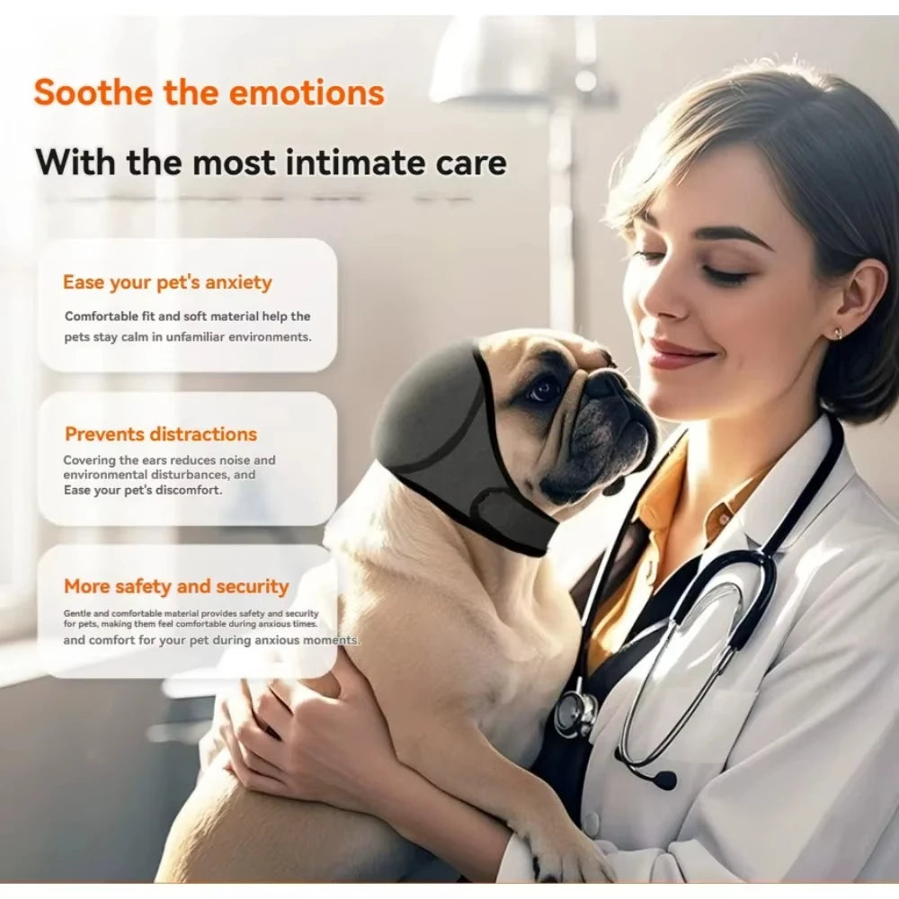 A veterinarian gently holds a dog wearing noise reduction ear muffs, emphasizing intimate care and comfort.