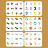 A grid of wooden puzzles featuring various chess pieces and other small objects for memory matching.