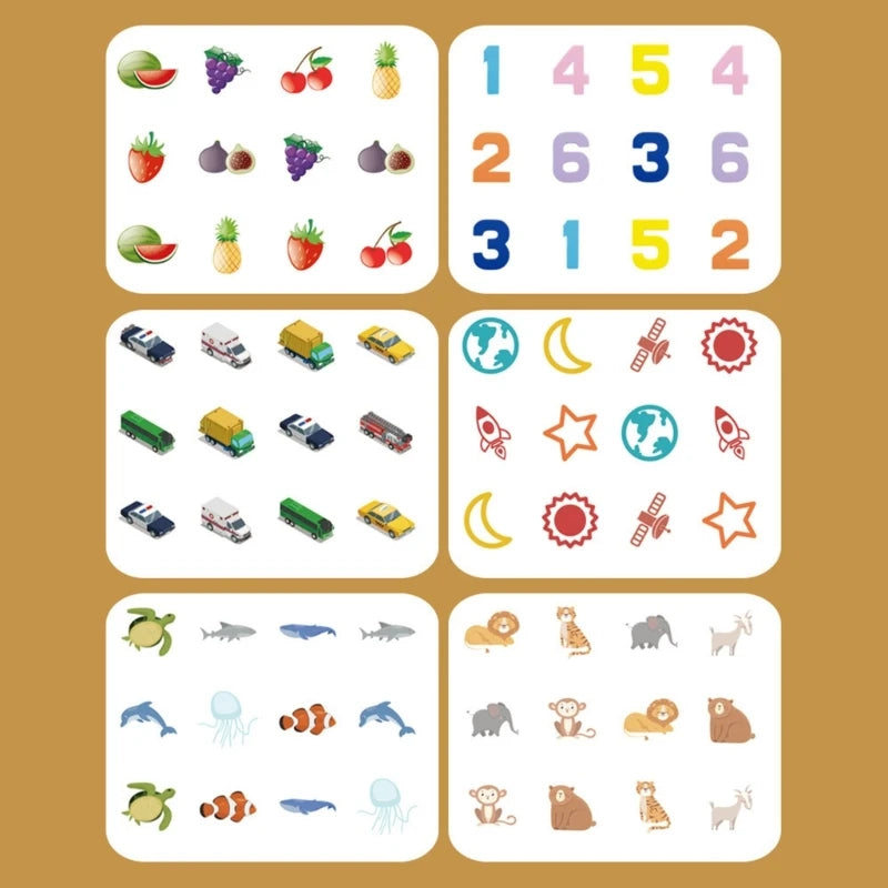 A grid of wooden puzzles featuring various chess pieces and other small objects for memory matching.