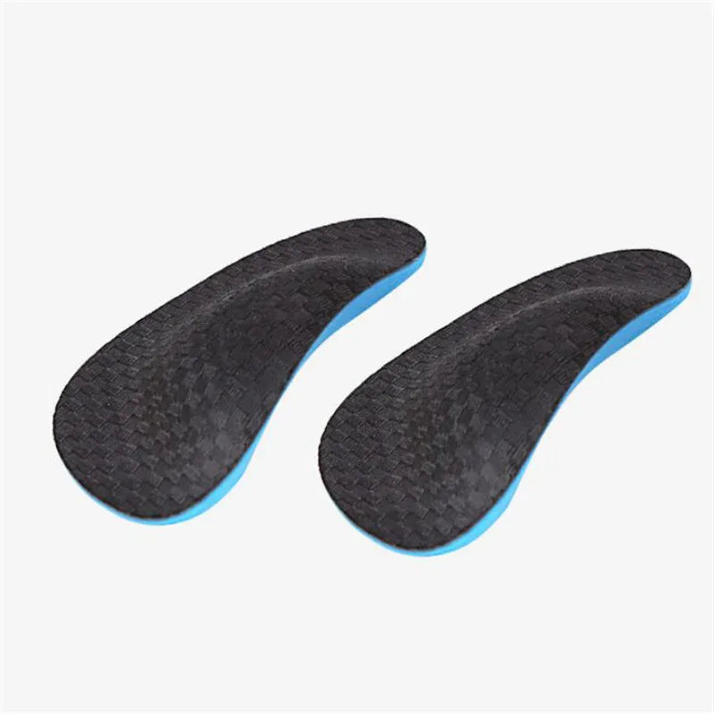 Pair of black orthopedic EVA arch support insoles for shoes shown from the side.