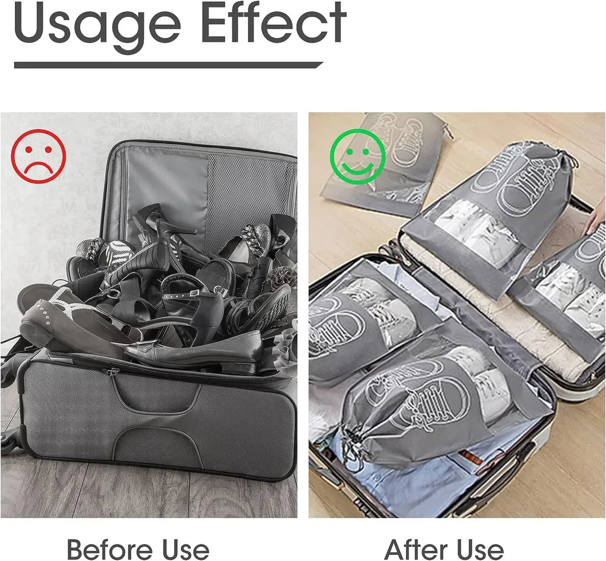Before and after comparison of reusable non-woven shoe storage bags showing the usage effect.
