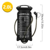 Black reusable water bladder hydration bag with a carrying loop and tubing, measuring 39cm long.
