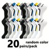 A pack of 20 pairs of men's color-block mesh ankle socks in various colors and gray.