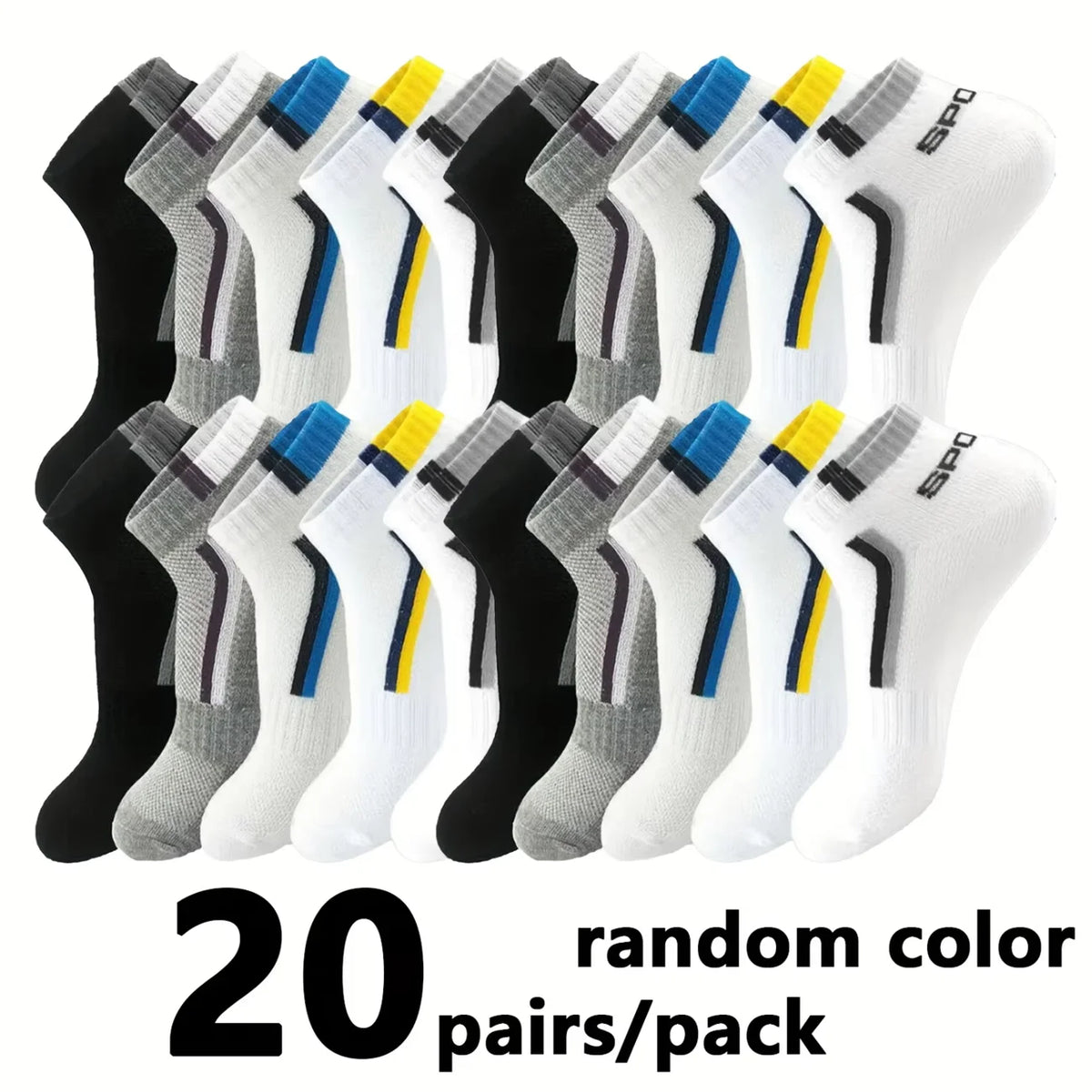 A pack of 20 pairs of men's color-block mesh ankle socks in various colors and gray.