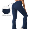 A woman wearing dark blue high-waisted yoga leggings with flare details, demonstrating the high waist design.
