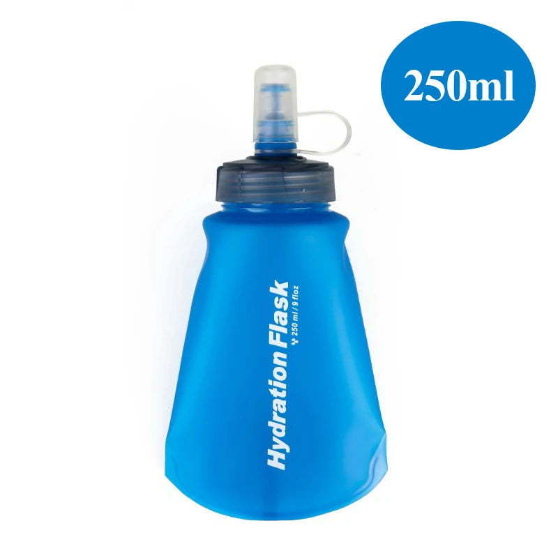 A bright blue durable TPU sports water flask with a clear cap, labeled 250ml.
