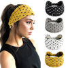 A woman models four versions of a yellow polka dot knotted headband in black, gray, white, and solid yellow.