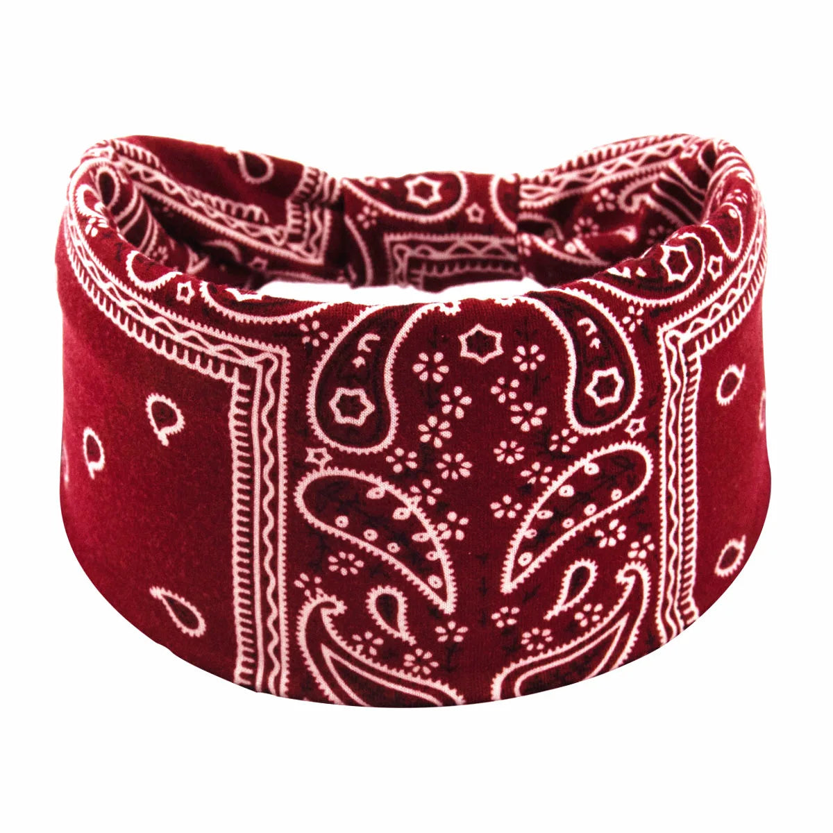 Tiefrotes Samt-Bohemian-Twist-Haarband mit weißem Paisley- und geometrischem Muster.