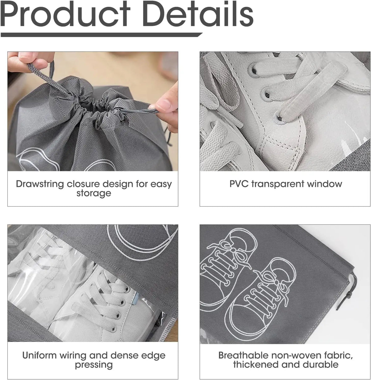 Various views of reusable non-woven shoe storage bags showing drawstring closures, PVC windows, and durable fabric features.