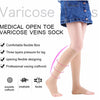Medical open toe varicose vein sock shown on a leg, highlighting flexible fabric and professional weaving.