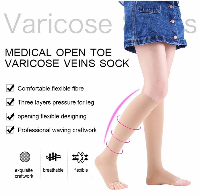 Medical open toe varicose vein sock shown on a leg, highlighting flexible fabric and professional weaving.