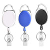 A set of three retractable ID badge reel keychains in white, blue, and black.