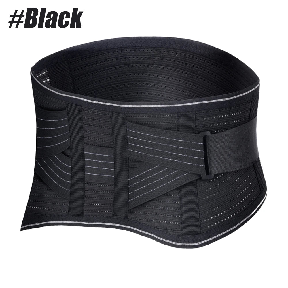 Black adjustable lower back pain support belt with a wide strap and buckle