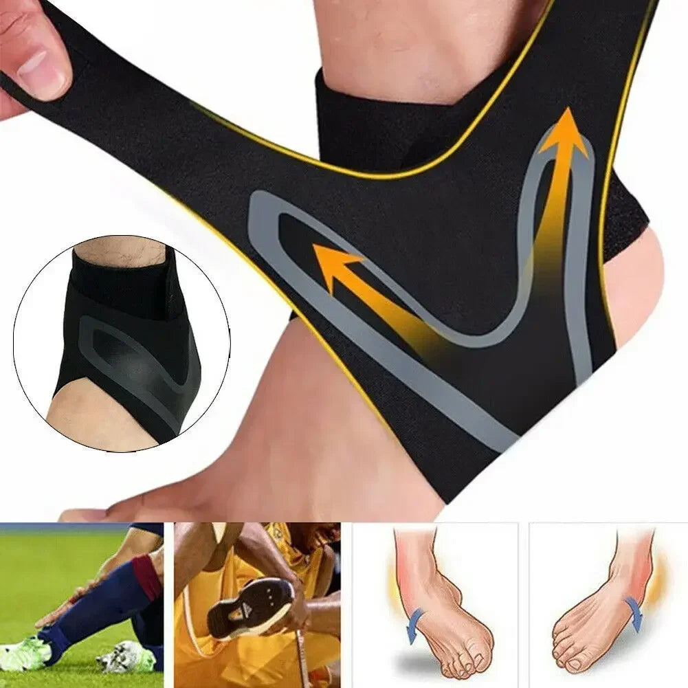 Black compression sleeve for ankle support and pain relief shown on a foot.