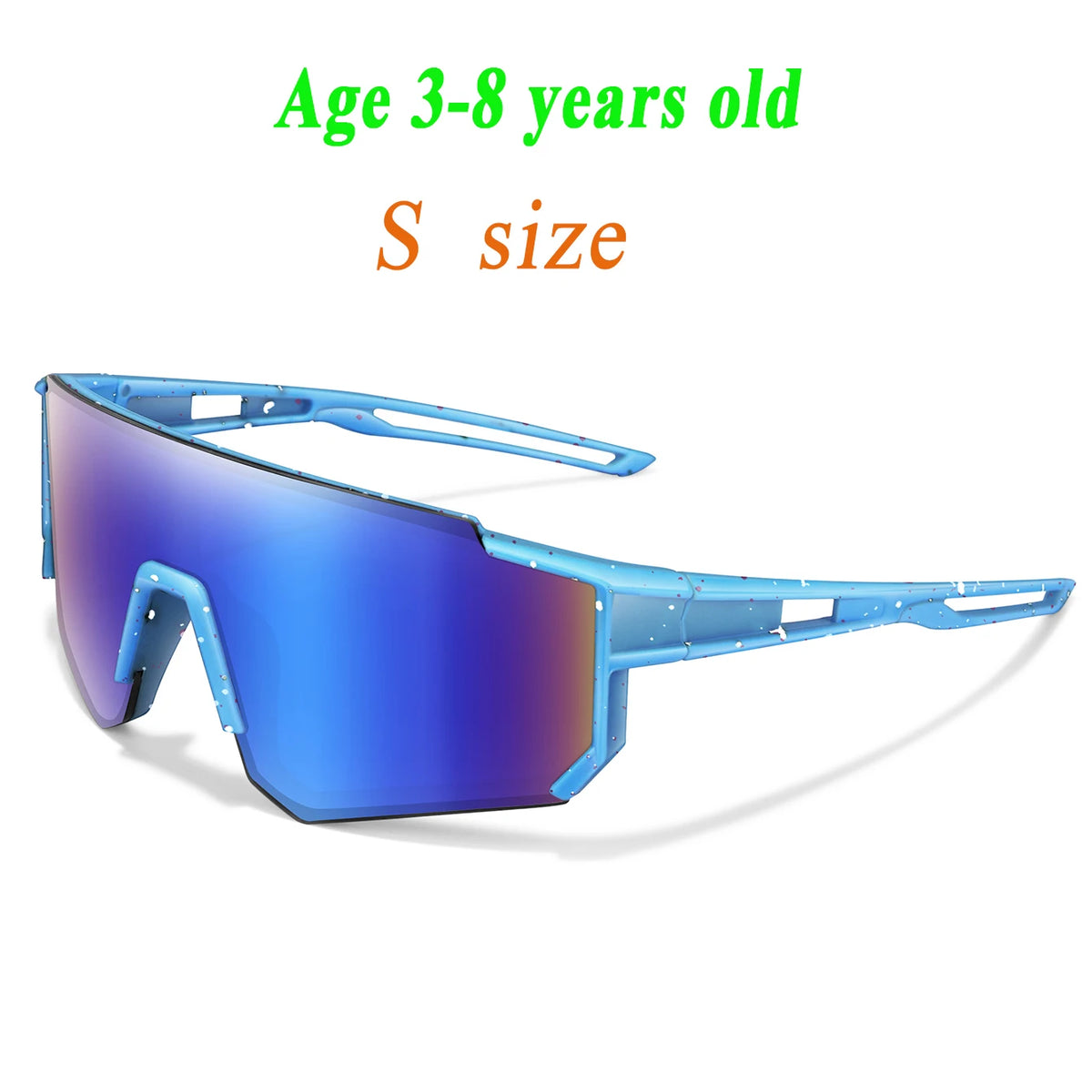 A pair of blue sports sunglasses designed for children aged 3-8 years old.