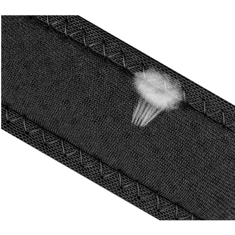 Black knee patellar tendon support strap fabric with a visible white fiber detail.