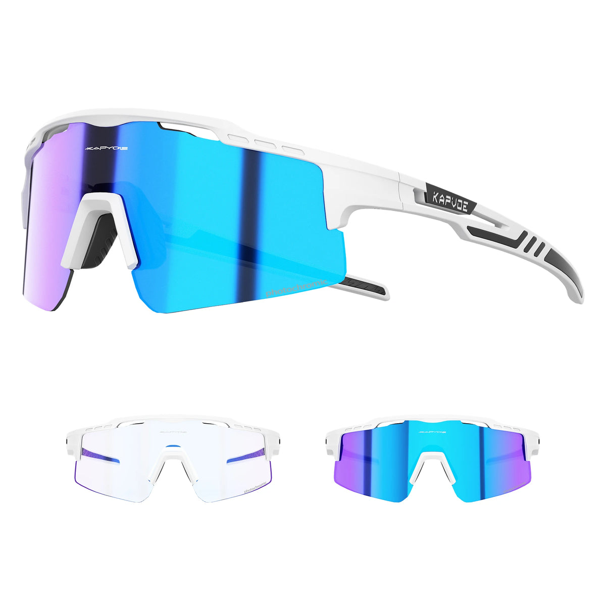 A pair of white and blue photochromic cycling sunglasses with UV400 protection shown in multiple views.