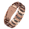 A close-up view of a copper magnetic bracelet with a textured band and silver accents.