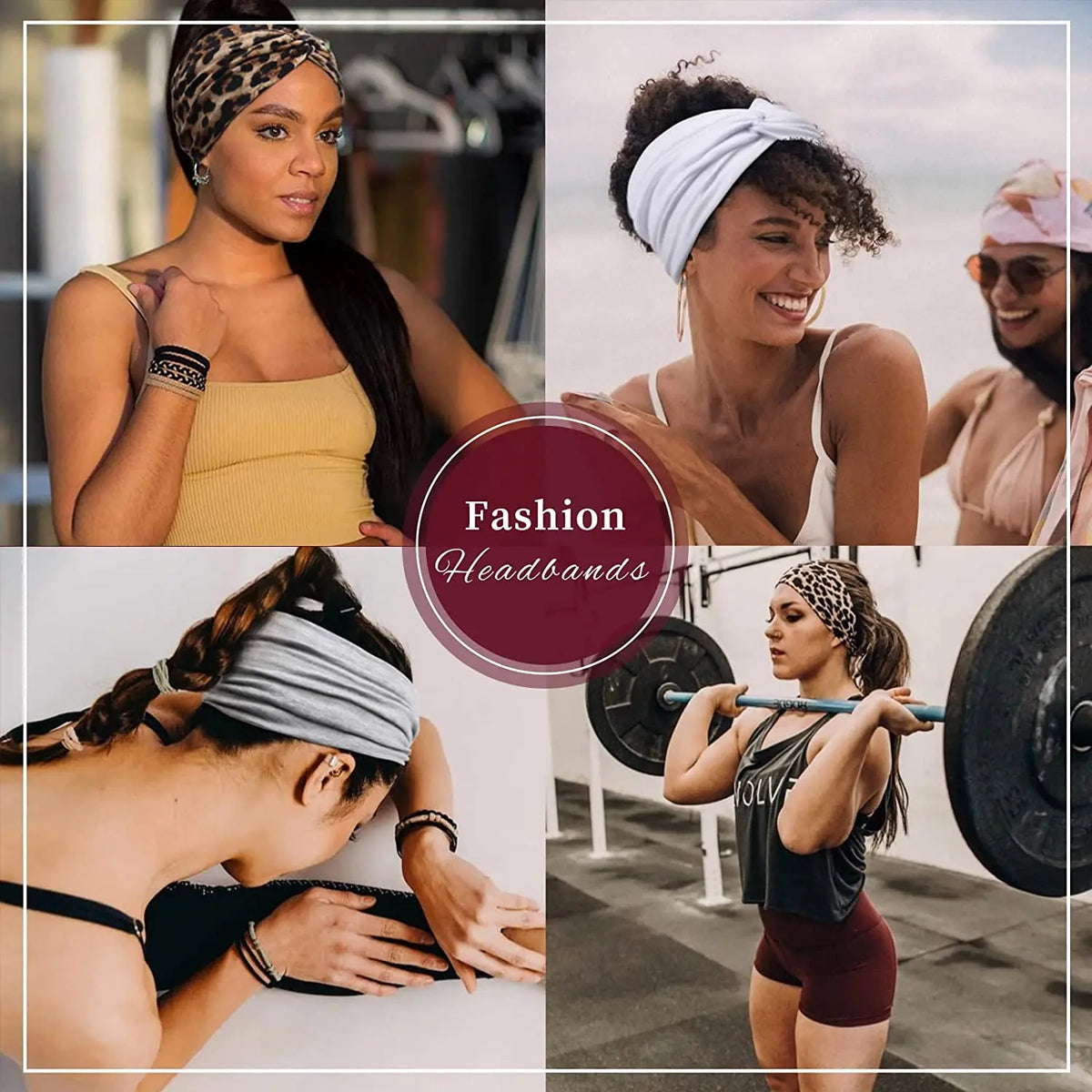 Four images showing women wearing or modeling boho leopard print and solid colored yoga headbands.