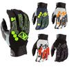 Un set de gants de motocross et MTB tactiques à écran tactile en noir, gris et orange avec des accents vert néon.