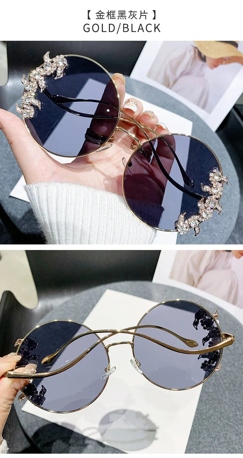 Women's Rhinestone Oversized Round Sunglasses with UV400 Protection