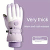 A pair of thick, light purple insulated touchscreen windproof winter gloves shown against a purple background.