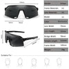 Black PC cycling sunglasses with a flexible frame and polarized lenses shown in various dimensions.