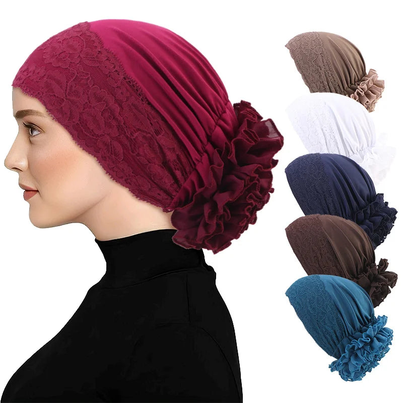 Elegant Lace Chiffon Floral Cap for Women