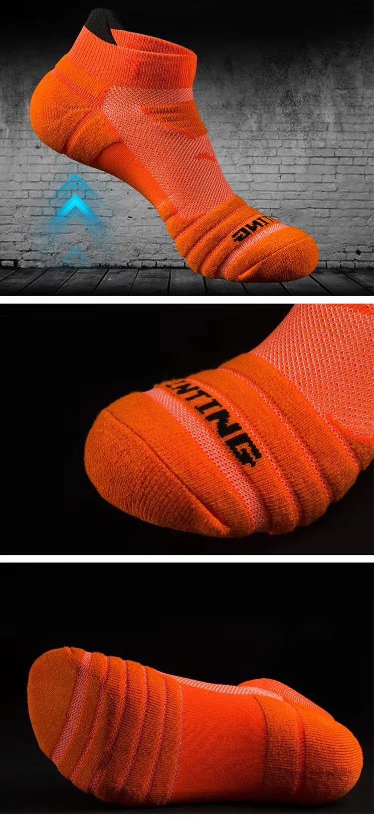Orange athletic ankle socks shown in various views, highlighting the textured knit and design.